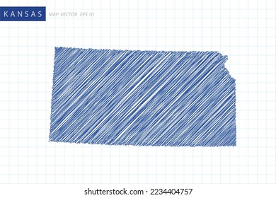 Kansas Map - USA, United States of America Map vector template with blue outline graphic and pen drawing sketch style isolated on white grid background for design - Vector illustration eps 10