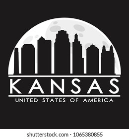 Kansas Missouri Full Moon Night Skyline Silhouette Design City Vector Art.