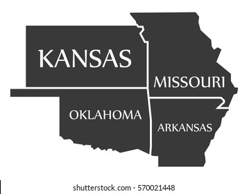 Kansas - Missouri - Oklahoma - Arkansas Map labelled black illustration