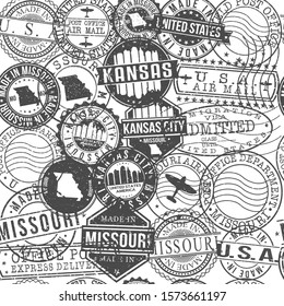 Kansas Missouri Stamps Background. City Stamp Vector Art. Postal Passport Travel. Design Set Pattern.