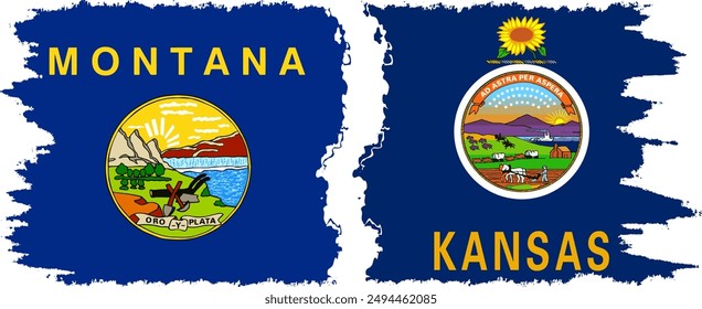 Kansas and Montana states grunge brush flags connection, vector