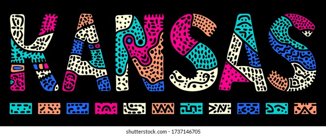 Kansas. Multicolor doodle isolate contrast inscription. Patterned curves crooked letters. US state Kansas for print, clothing, t-shirt, souvenir, banner, flyer, advertising. Stock vector picture.