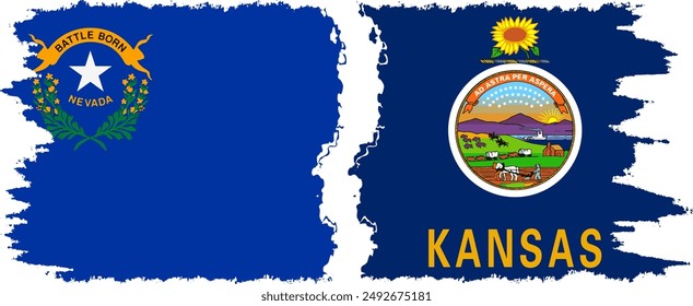 Kansas and Nevada states grunge brush flags connection, vector