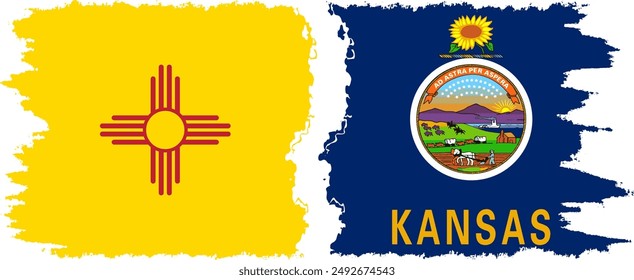 Kansas and New Mexico states grunge brush flags connection, vector