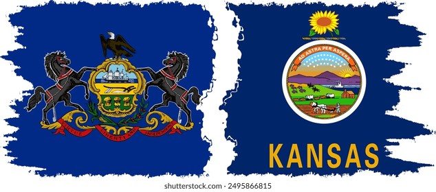 Kansas and Pennsylvania states grunge brush flags connection, vector