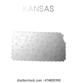 Kansas polygonal vector map. Molecular structure US state map design. Network connections polygonal Kansas map in geometric style for your infographics.