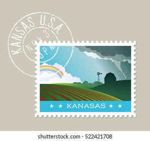 Kansas postage stamp design. Vector illustration of scenic landscape with grunge postmark on separate layer