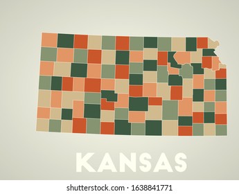 Kansas poster in retro style. Map of the us state with regions in autumn color palette. Shape of Kansas with us state name. Attractive vector illustration.