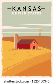 Kansas retro poster. USA Kansas travel illustration. United States of America greeting card. vector illustration.