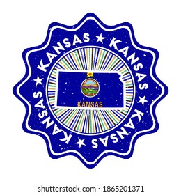 Kansas round grunge stamp with US state map and state flag. Vintage badge with circular text and stars, vector illustration.
