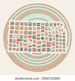 Kansas Round Poster. Typography style image of the state. County word clouds of Kansas. Vintage image design with scratch texture.