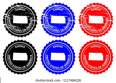 Kansas - rubber stamp - vector, Kansas (United States of America) map pattern - sticker - black, blue and red 
