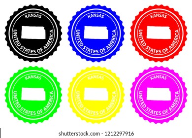 Kansas - rubber stamp - vector, Kansas (United States of America) map pattern - sticker - black, blue, green, yellow, purple and red 