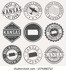 Kansas Set of Stamps. Travel Stamp. Made In Product. Design Seals Old Style Insignia.