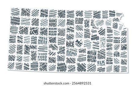 Kansas shape text cloud. State border with shadow on white background. Kansas with counties division in vintage gazette style. Vibrant vector illustration.