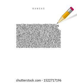 Kansas sketch scribble map isolated on white background. Hand drawn vector map of Kansas. Realistic 3D pencil with eraser.
