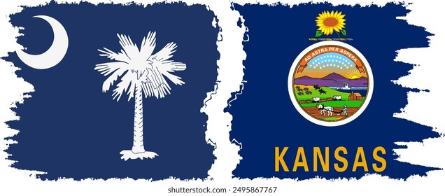 Kansas and South Carolina states grunge brush flags connection, vector