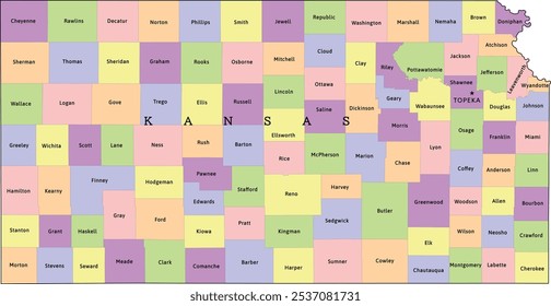 Kansas state administrative map with counties. Colored. Vectored. Bright colors