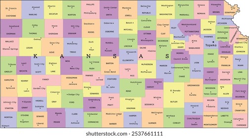 Kansas state administrative map with counties and seats. Colored. Vectored. Bright colors