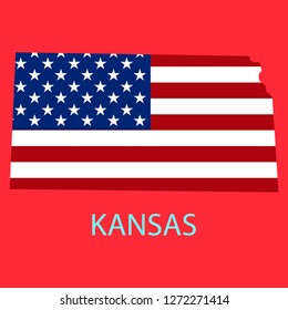 Kansas state of America with map. Flag print on map of USA for geographic themes. Map of Kansas state.