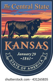 Kansas state emblem, sunset on a blue background