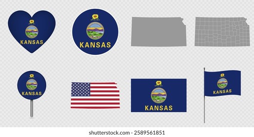 Kansas State Flags and Maps Icon Pack. Vector illustration.