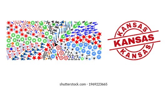 Kansas State map collage and Kansas red round seal. Kansas seal uses vector lines and arcs. Kansas State map collage includes gears, houses, showers, bugs, men, and more symbols.