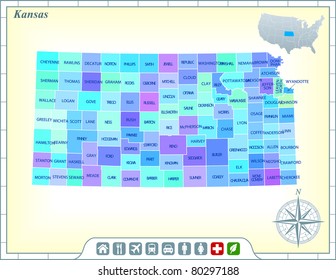Kansas State Map with Community Assistance and Activates Icons Original Illustration