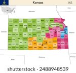 Kansas state map with counties borders and colored congressional districts boundaries due to The 2020 United States census and which is valid since 2023. Flag of Kansas. Vector