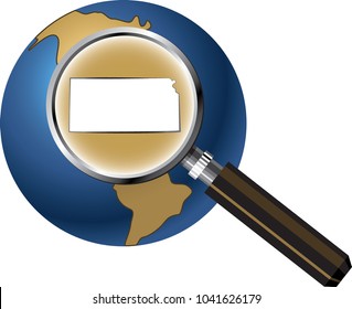 Kansas State Map Enlarged with Magnifying Glass on Globe