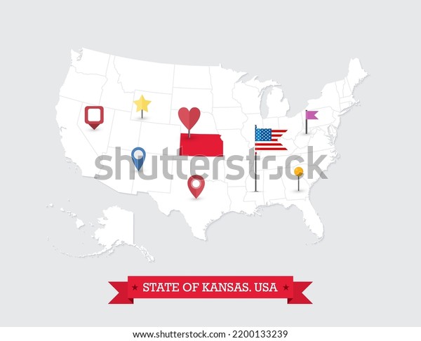 Kansas State map\
highlighted on USA map. Kansas map on United state of America with\
flag and navigation\
icons.
