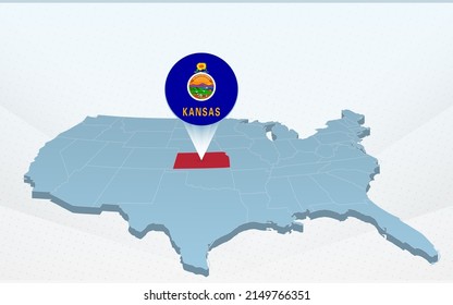 Kansas state map on United States of America map in perspective. Vector presentation.