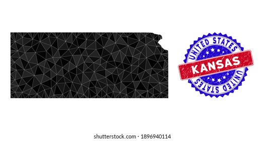 Kansas State map polygonal mesh with filled triangles, and grunge bicolor stamp seal. Triangle mosaic Kansas State map with mesh vector model, triangles have various sizes, and positions,