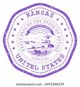 Sello del estado de Kansas con sello, sello de viaje de EE.UU., matasellos en mal estado de Kansas, Vector