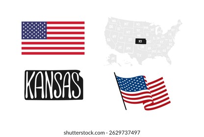 Kansas State. USA flag. Map of the USA