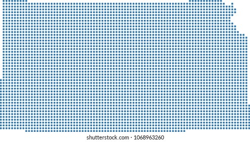 Kansas state of USA map dots vector outline illustration in blue background. Dotted map of Kansas state of United States of America. Creative pixel art map with highly detailed border 