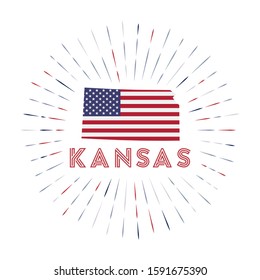 Kansas sunburst badge. The US state sign with a map of Kansas and the American flag. Colorful rays around the logo. Vector illustration.