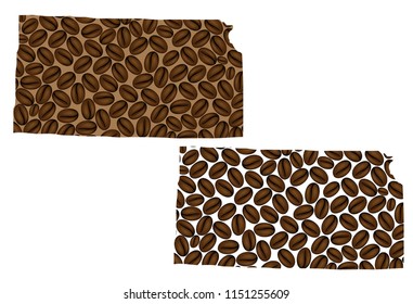 Kansas (United States of America) -  map of coffee bean, Kansas map made of coffee beans,
