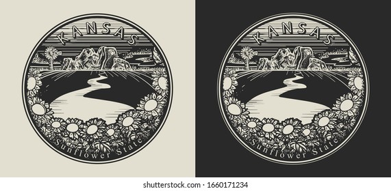 Kansas. United States of America (USA). Sunflower state slogan. Travel and tourism concept. Template for clothes, t-shirt design. Vector illustration 