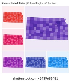 Kansas, United States. Map collection. State shape. Colored counties. Deep Purple, Red, Pink, Purple, Indigo, Blue color palettes. Border of Kansas with counties. Vector illustration.