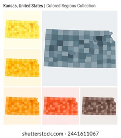 Kansas, United States. Map collection. State shape. Colored counties. Blue Grey, Yellow, Amber, Orange, Deep Orange, Brown color palettes. Border of Kansas with counties. Vector illustration.