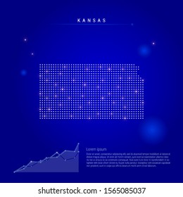 Kansas US state illuminated map with glowing dots. Infographics elements. Dark blue space background. Vector illustration. Growing chart, lorem ipsum text.