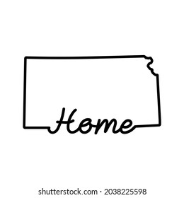 Kansas US state outline map with the handwritten HOME word. Continuous line drawing of patriotic home sign. A love for a small homeland. Interior decoration idea. Vector illustration.