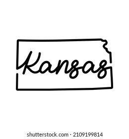 Kansas US state outline map with the handwritten state name. Continuous line drawing of patriotic home sign. A love for a small homeland. T-shirt print idea. Vector illustration.