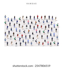 Kansas US state population map. Large group of realistic a diverse crowd of people figures. Flat vector illustration isolated on white.