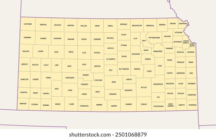 Kansas, U.S. state subdivided into 105 counties, political map with borders and county names. State in the Midwestern region of the United States. nicknamed The Sunflower State, and The Wheat State.