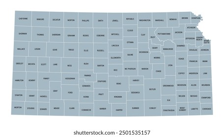 Kansas, U.S. state subdivided into 105 counties, gray political map with borders and county names. State in the Midwestern region of United States, nicknamed The Sunflower State, and The Wheat State.