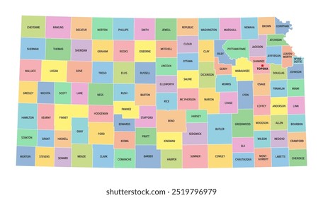 Kansas, U.S. state, subdivided into 105 counties, multi colored political map with capital Topeka, borders and county names. State in the Midwestern region of the United States. The Sunflower State.