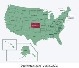 Kansas, USA. Editable isolated blank vector map of United states, highlighted at Kansas state.