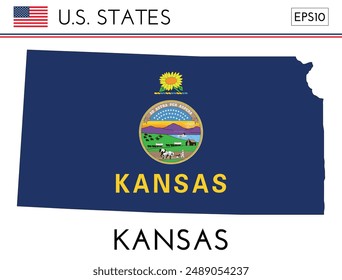 Kansas USA state map shape with flag. Map of Kansas in the Kansas flag colors. Outline map filled with its flag colors. Vector illustration.